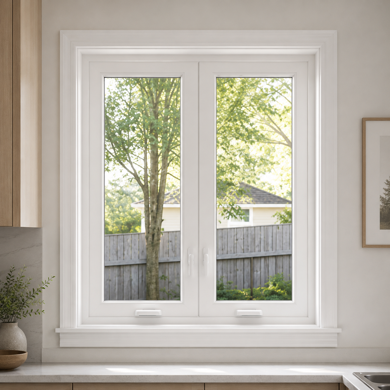 Interior shot of a white PVC casement window