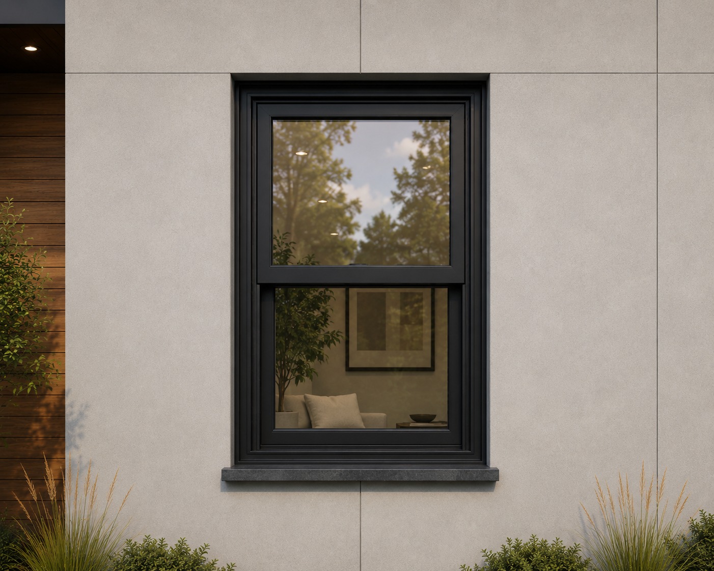Exterior shot of a black hybrid double hung window